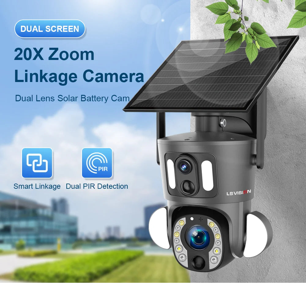 LS VISION 4K 20X Optical Zoom Dual Screen Solar Camera Outdoor 8MP 4G/WiFi PTZ Dual PIR Detection Auto Tracking Security Cameras