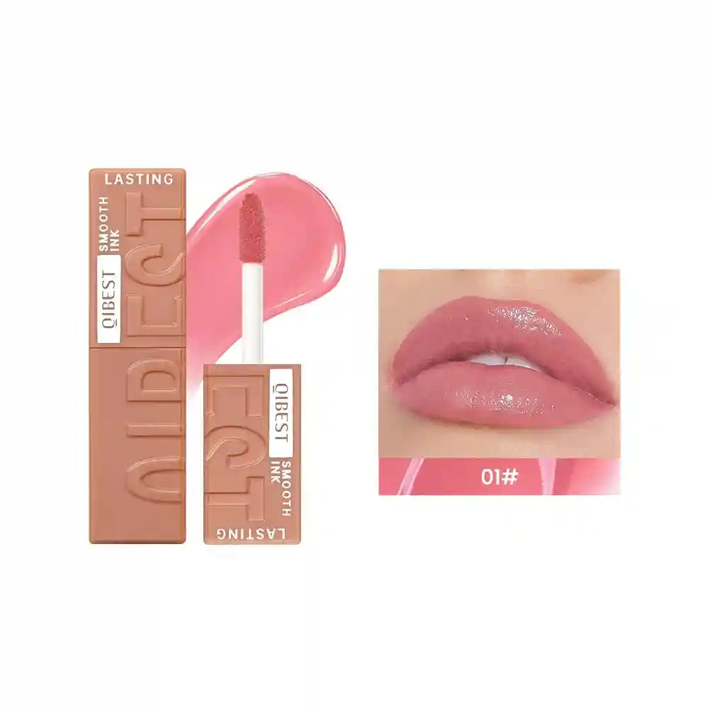 QIBEST watery pink lip glaze with a mirror-glossy finish, liquid stain, and doe-foot applicator for moisturizing wear.