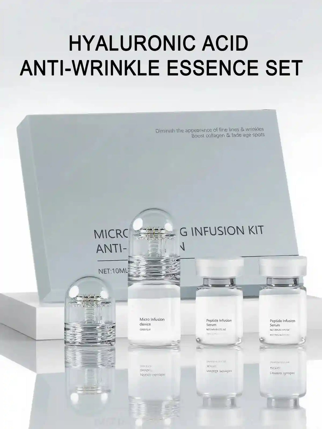 Hyaluronic acid skincare set featuring a micro-infusion device and two small glass serum vials in a grey box.
