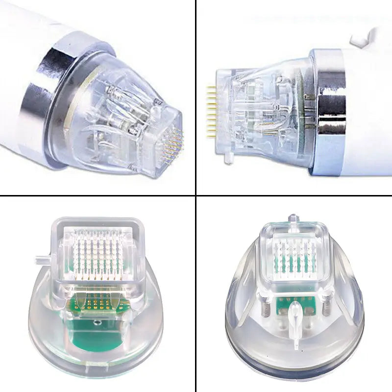 Portable fractional RF microneedle skin tightening device tip with clear casing for facial wrinkles and stretch marks.