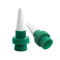 Two plant drip irrigation stakes with white spikes and green ribbed connectors.