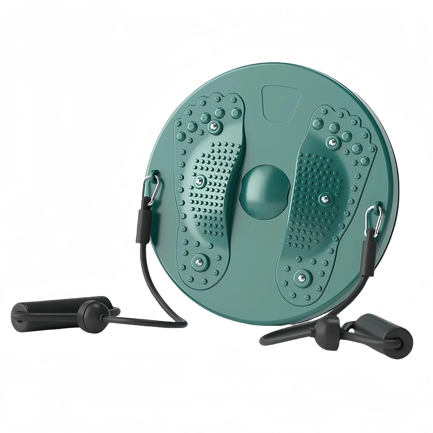 Green circular waist twisting disc with textured foot pads and attached black resistance bands for core exercise.