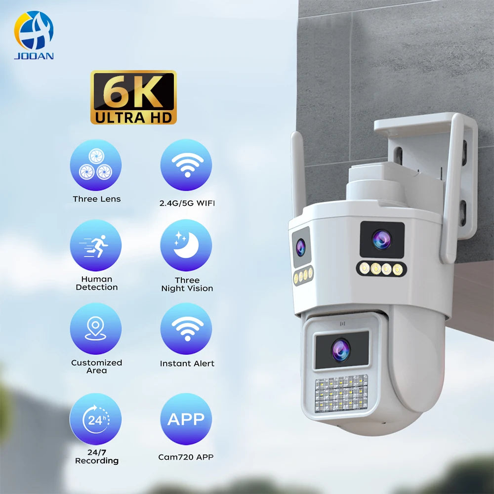 JOOAN 6K 12MP WiFi Outdoor Camera Three Len AI Motion Tracking PTZ  Video Camera Security Protection Waterproof Surveillance