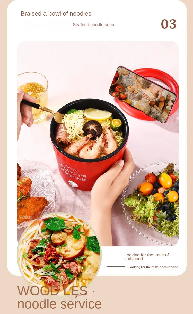Red mini electric hot pot with seafood noodles and removable glass lid