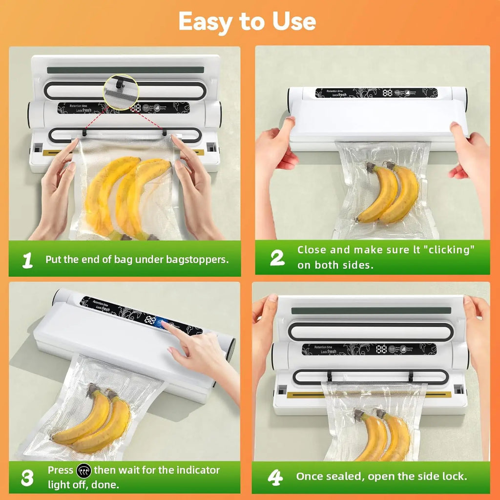 Vacuum Sealer with Bags, Fully Automatic Dry & Wet Food Sealer, One-Click Operation, Strong Suction, Digital Display