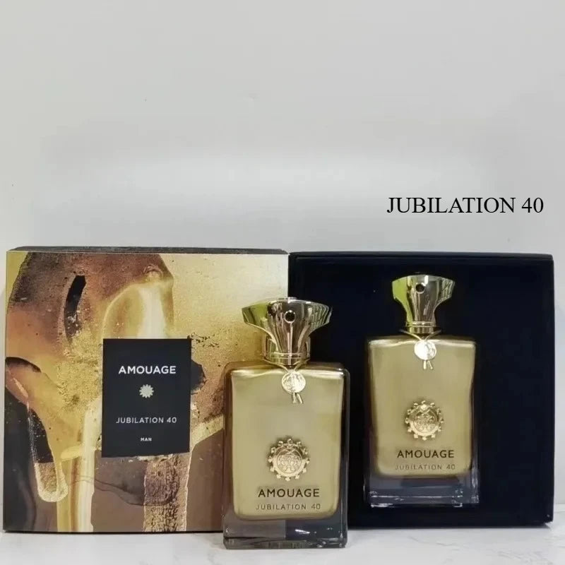 Amouage Jubilation 40 Man EDP: Luxurious gold rectangular bottle, woody aromatic masculine fragrance, 100ml gift set.