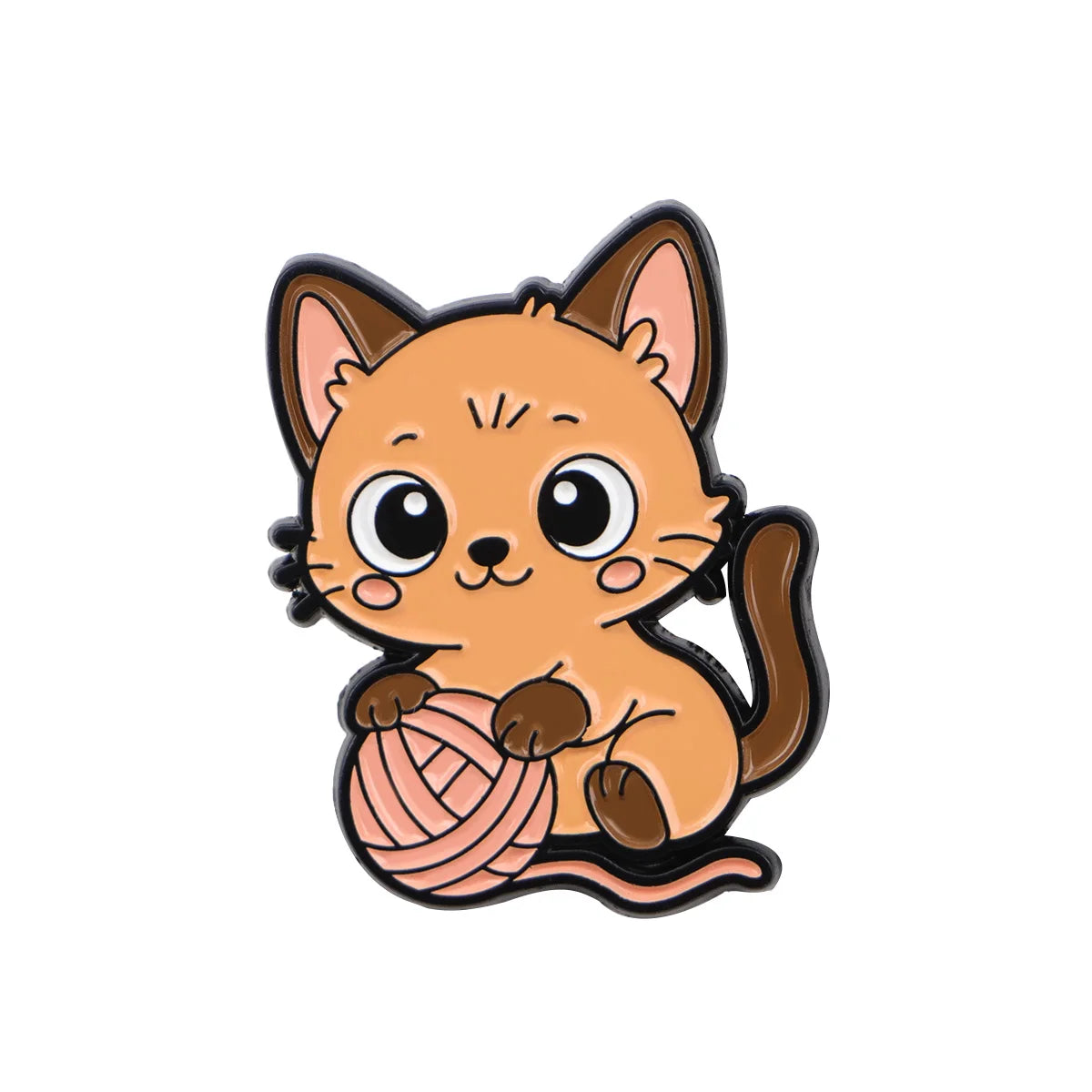 Cute orange cat enamel pin playing with yarn, perfect fashion accessory for backpacks, jackets, or as a cat lover gift.