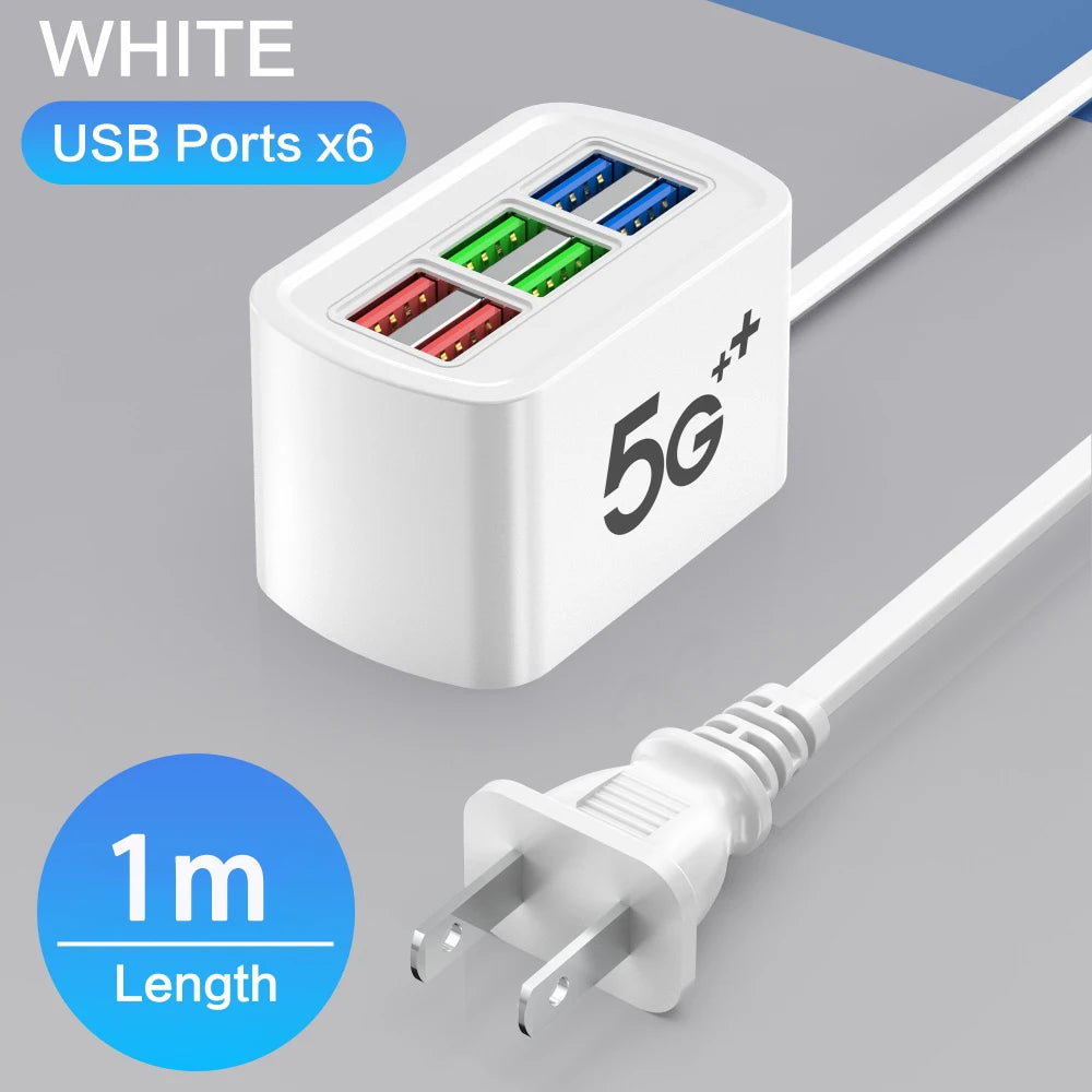 Universal 6 USB Charger Fast Charging Adapter Mobile Phone Power Strip with 1m Cable 6 USB HUB Charging Station For Home Office