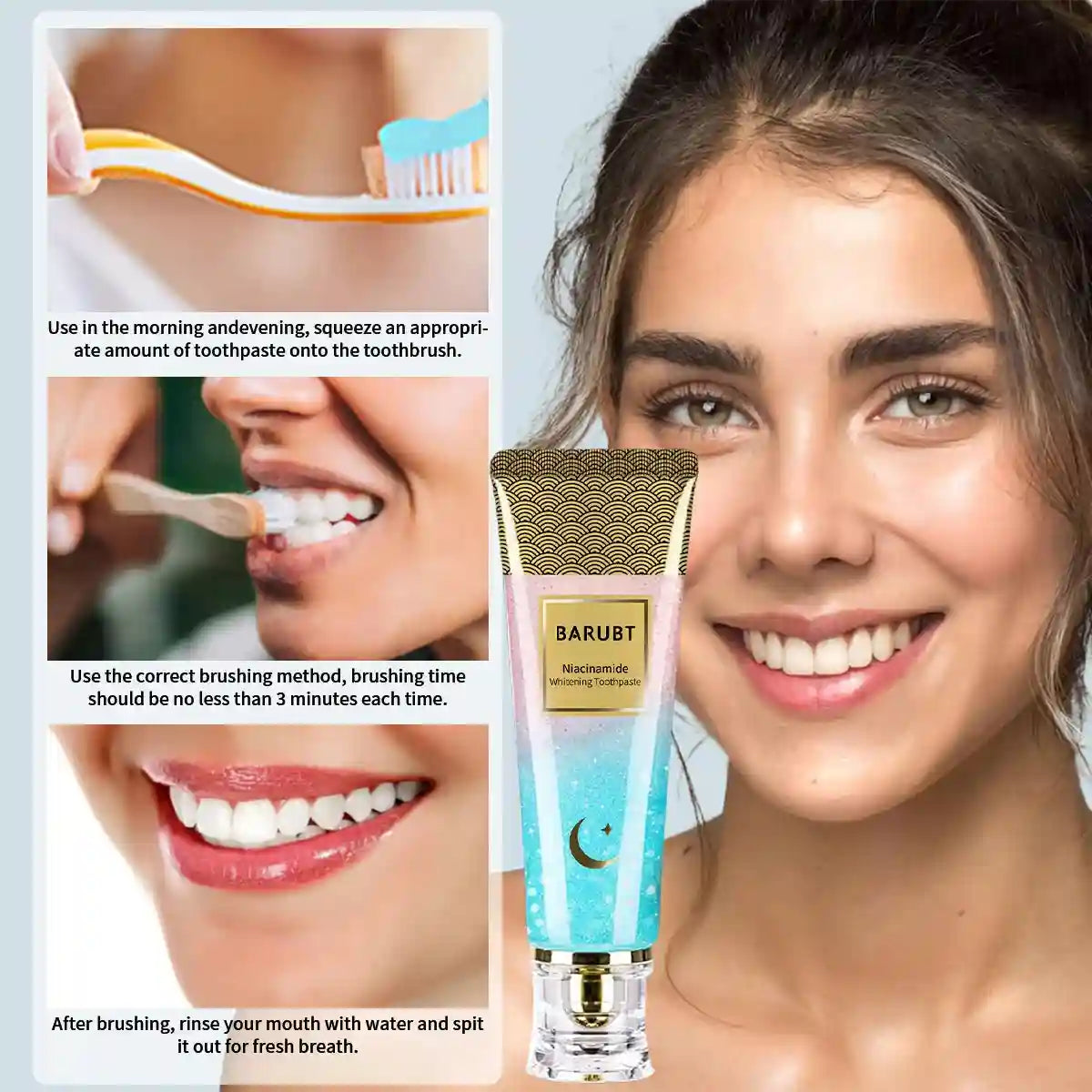 Tidesmit BARUBT Niacinamide whitening toothpaste for effective stain removal and long-lasting fresh breath.