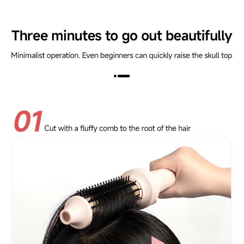 Beige automatic curling iron with fluffy root comb attachment styling hair for a salon-quality lift and volume.