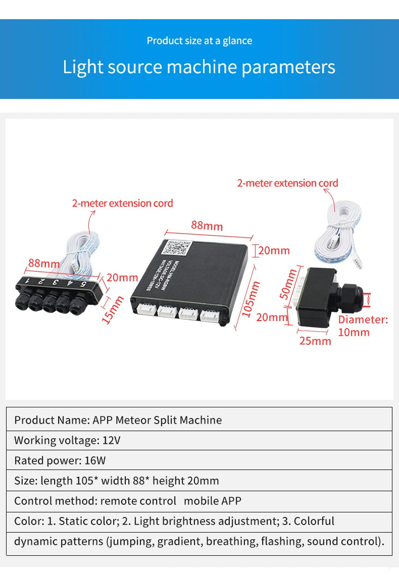 12V Car Starry Sky Ceiling Fiber Optic Splitter Meteor App Bluetooth Colorful Flashing Ceiling Modification Light Source Sunroof Car Atmosphere Starry Sky Light