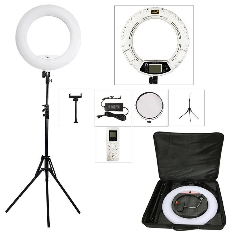 White circular LED ring light on a black tripod stand with phone holder, power adapter, remote control, and carry case.