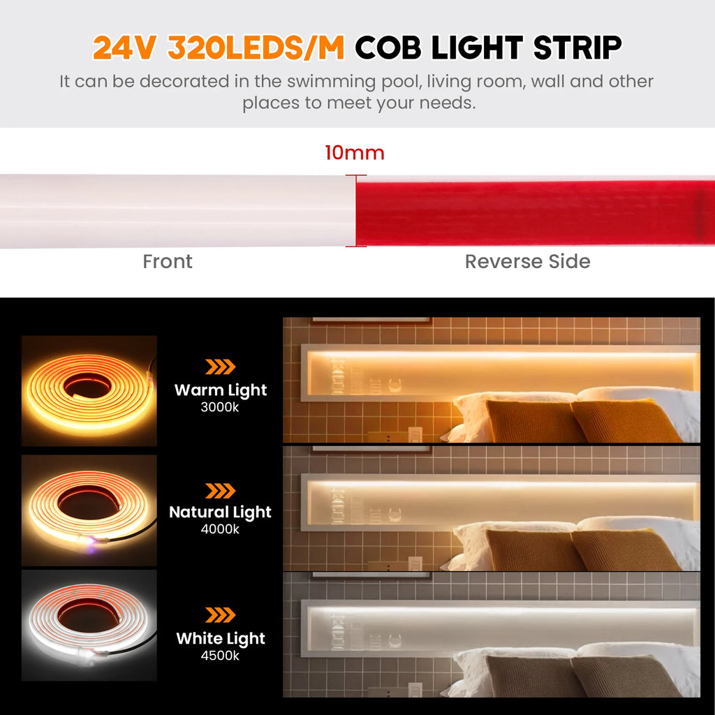 IP68 Waterproof COB LED Strip Light 12V 24V 320LEDs/m Flexible LED Neon Tape for Outdoor Swimming Pool High Density Linear Light
