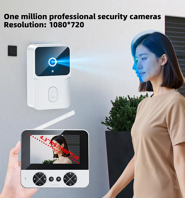 Wireless video doorbell, 4.3 "IPS display 720P high definition intelligent intercom, 2.4G wireless two-way call, night vision