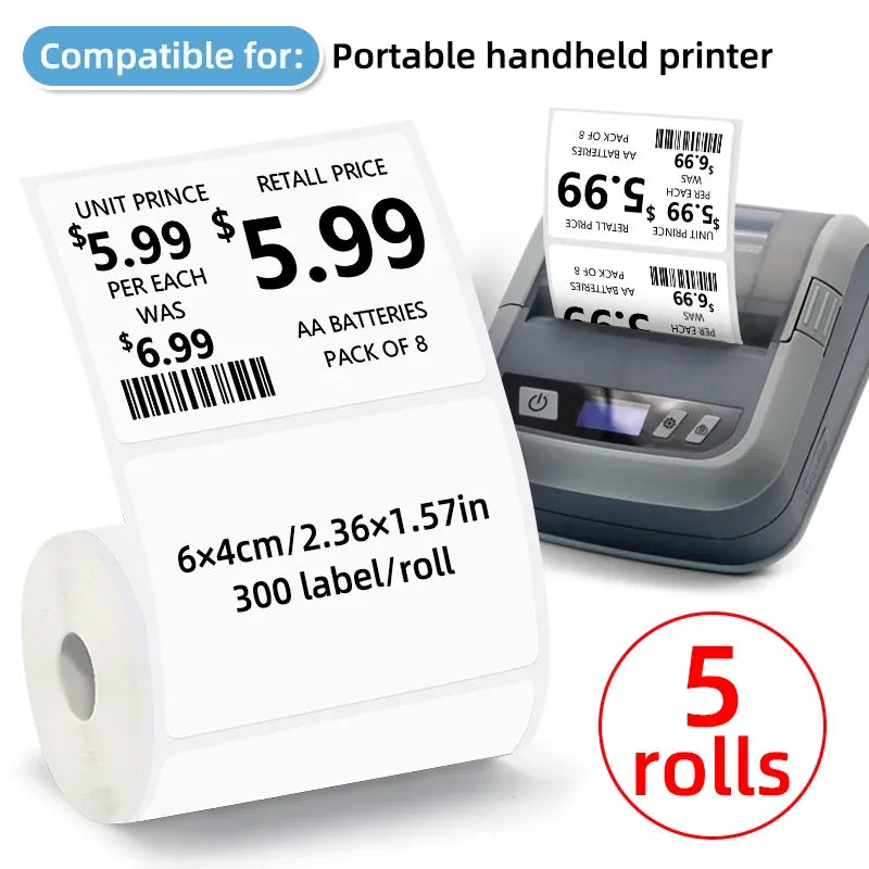 White thermal barcode label roll, 6x4 cm, 300 labels per roll for handheld printer