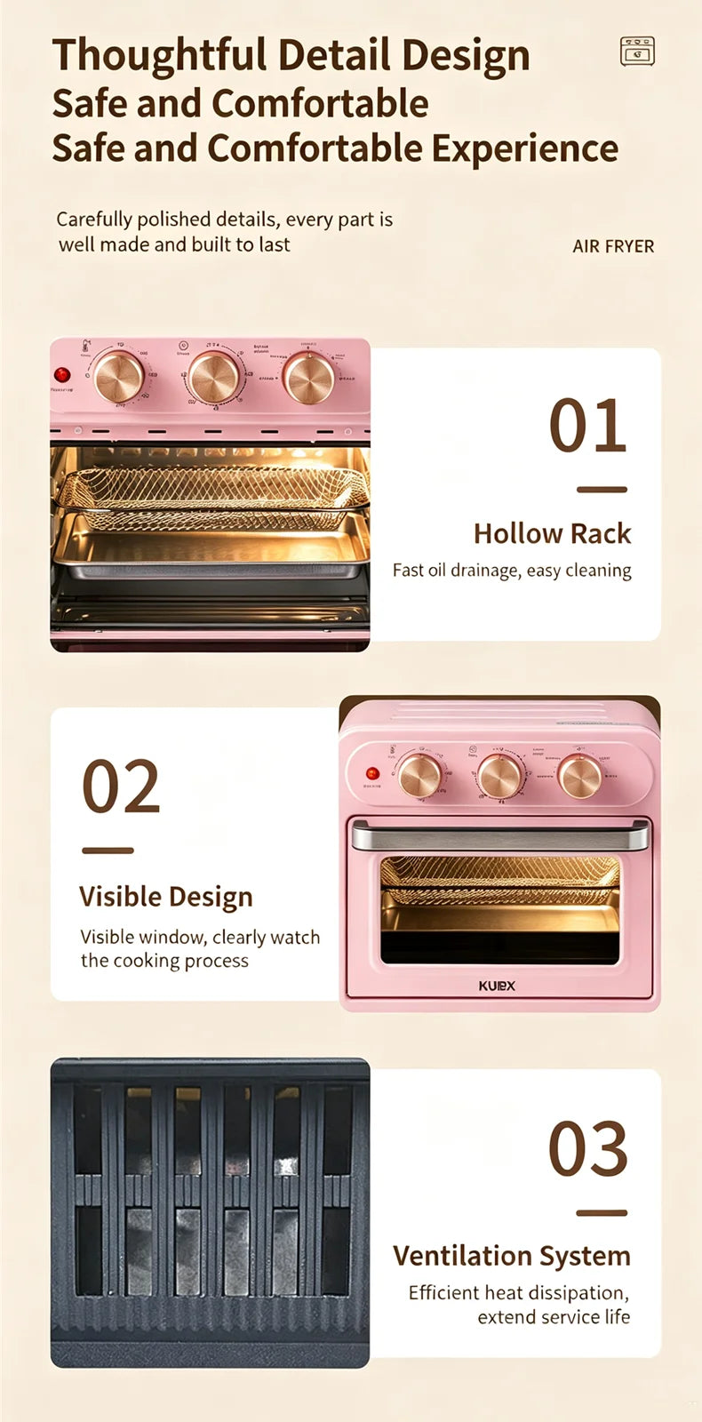 15L Visible Air Fryer Oven Retro Pink Multifunctional Toaster Oven Oil-Free Baking Mini Electric Oven 15.85QT Countertop Oven