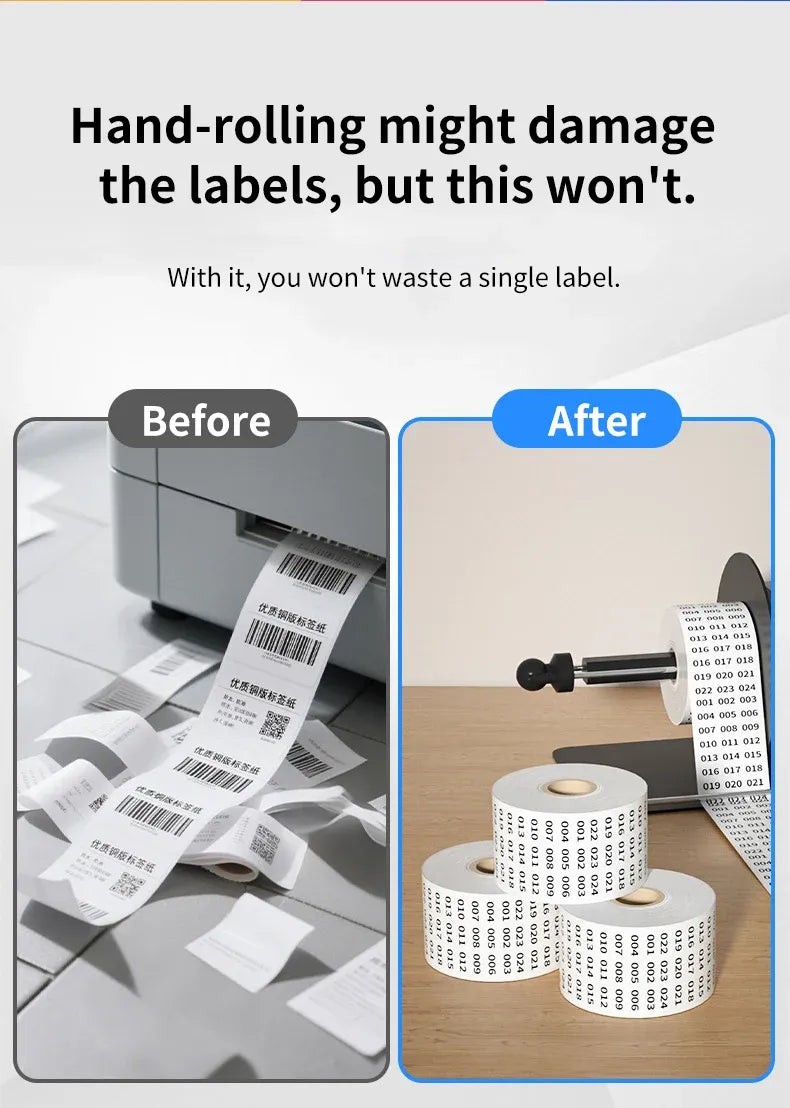 Label rewinder with roll of labels and centered unwind bar for continuous rewinding
