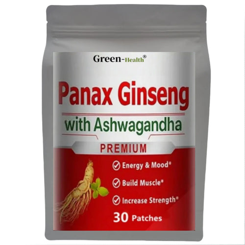 Green-Health Panax Ginseng with Ashwagandha supplement: 30-patch pack for stress relief in grey packaging.