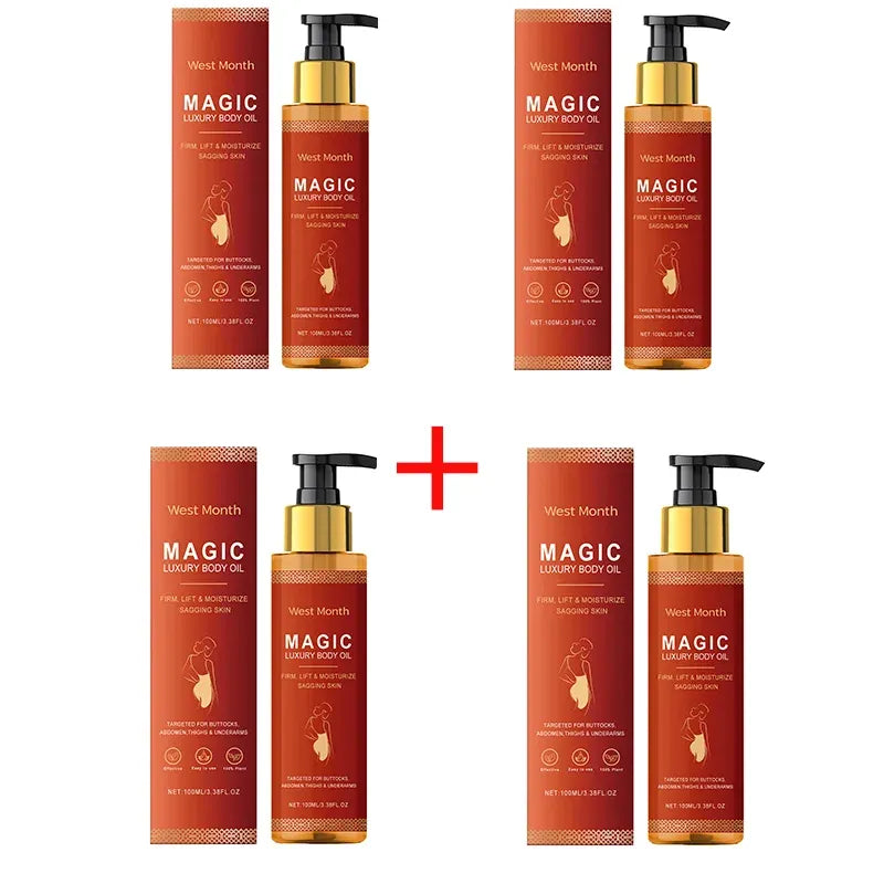 Set of luxury body oil pump bottles with matching cartons shown with plus sign