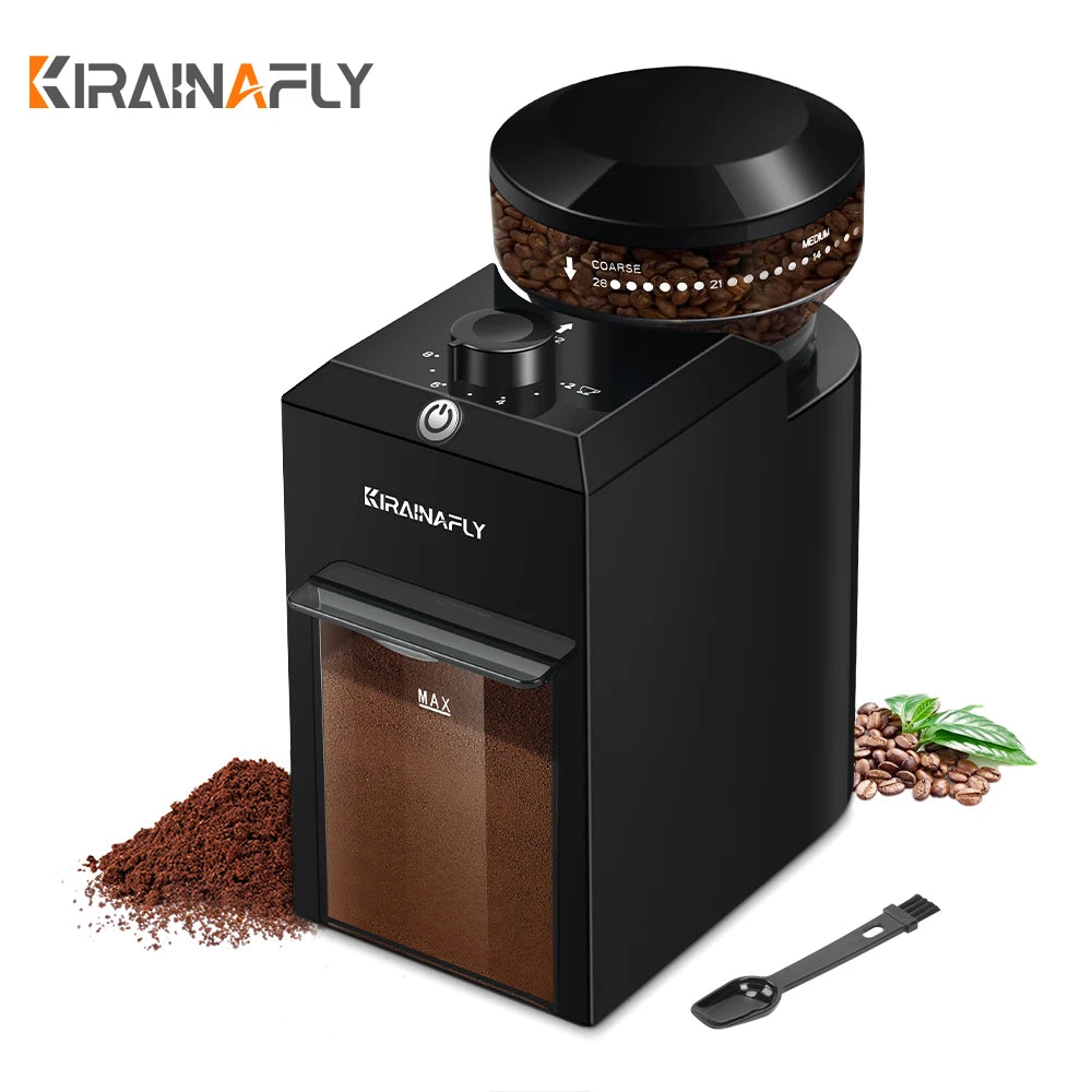 Kirainafly matte black electric coffee grinder with adjustable grind settings and a clear container for ground coffee.