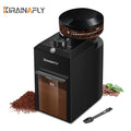 Kirainafly matte black electric coffee grinder with adjustable grind settings and a clear container for ground coffee.