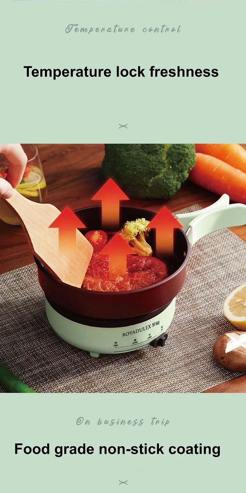 Mint green electric cooking pot with non-stick interior and food heating inside