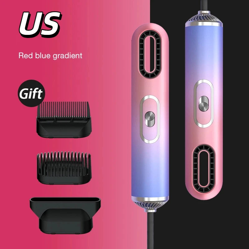 Professional high-speed ionic hair dryer in red-blue gradient with styling nozzle and comb attachments for fast drying.