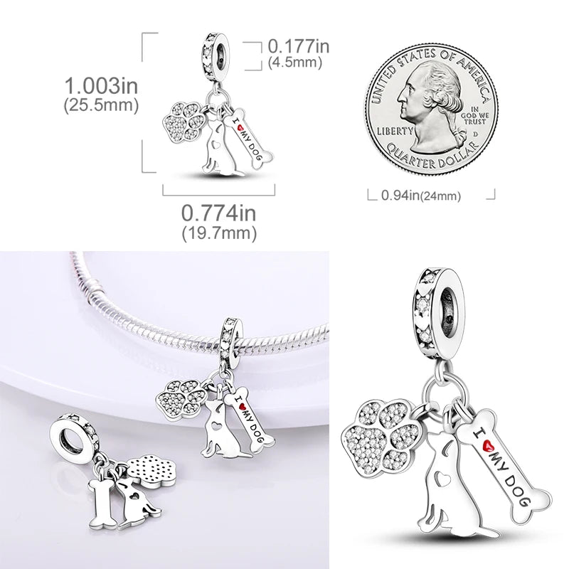 925 sterling silver puppy paw and bone charm pendant for DIY bracelets, perfect gift for dog lovers.