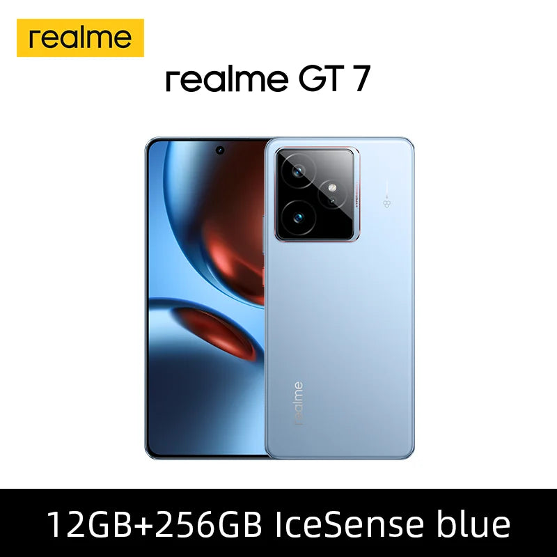 realme GT 7 5G IceSense Blue smartphone: front and back view, triple camera system, AMOLED display, 120W charging.