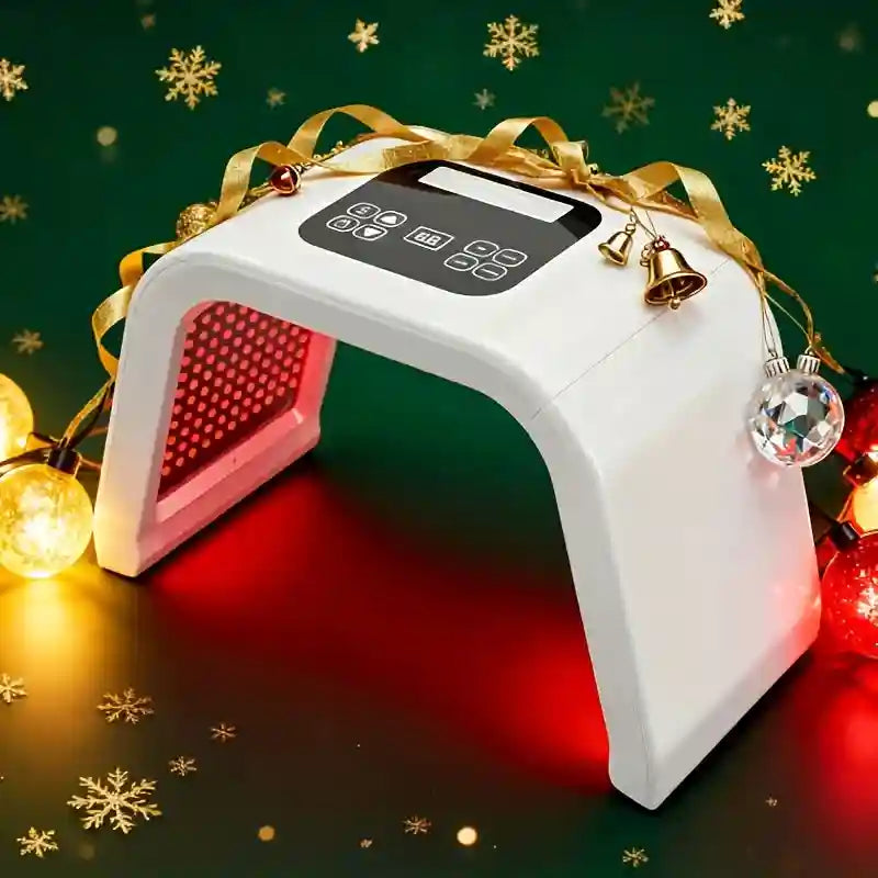 White LED light therapy dome device with red lights, decorated with festive gold ribbons and ornaments on green.