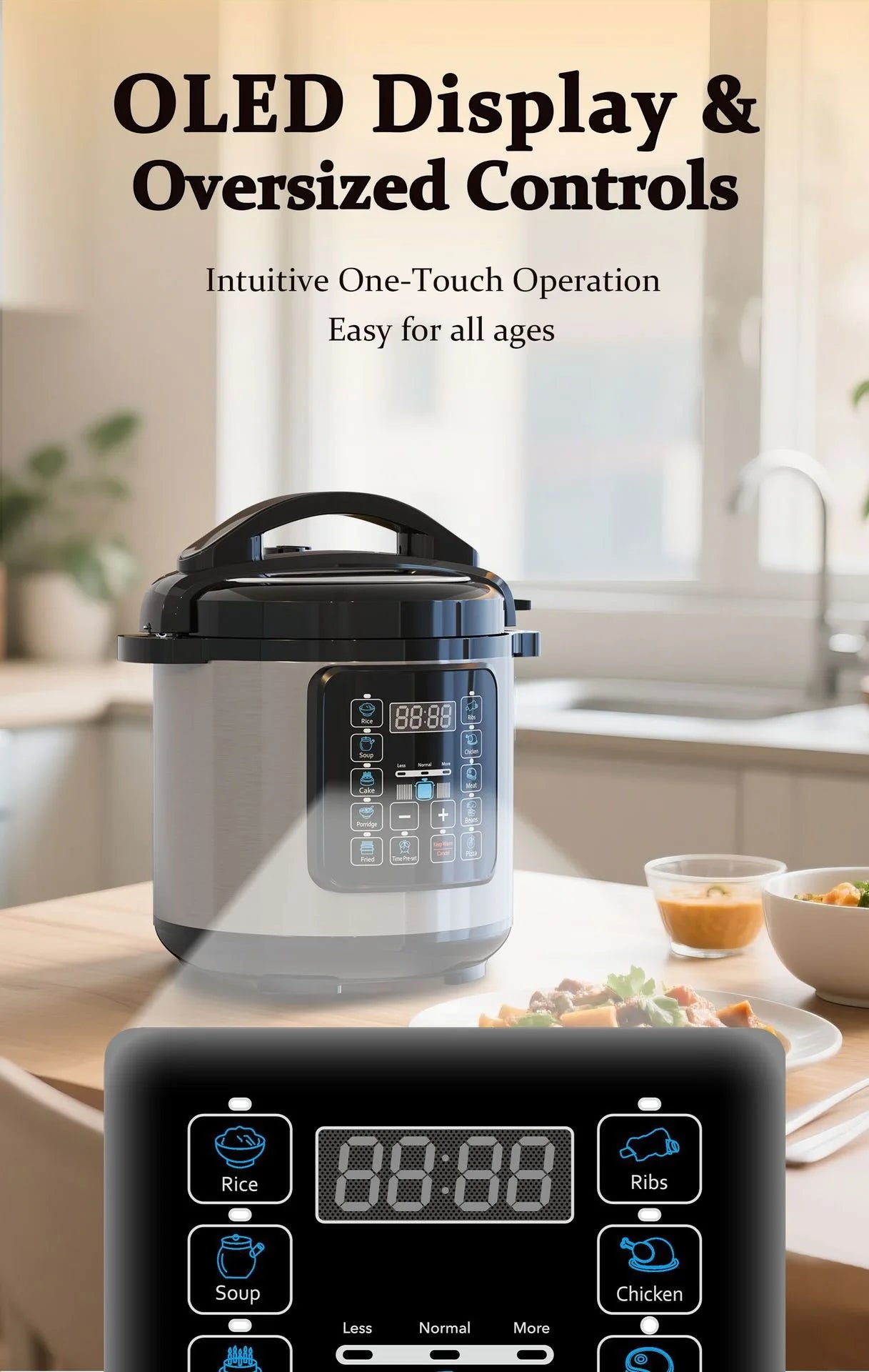 Electric pressure cooker with oversized control panel and bright LED display, compact view