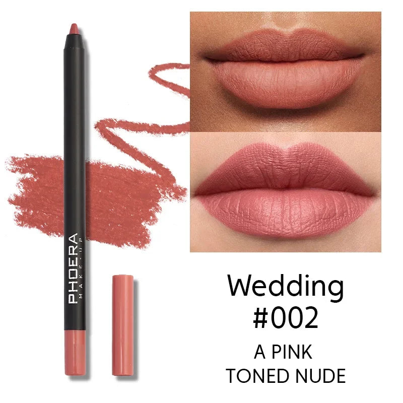 Matte nude-brown lip liner pencil in pink-toned shade #002 with smooth, waterproof, long-lasting color on lips.