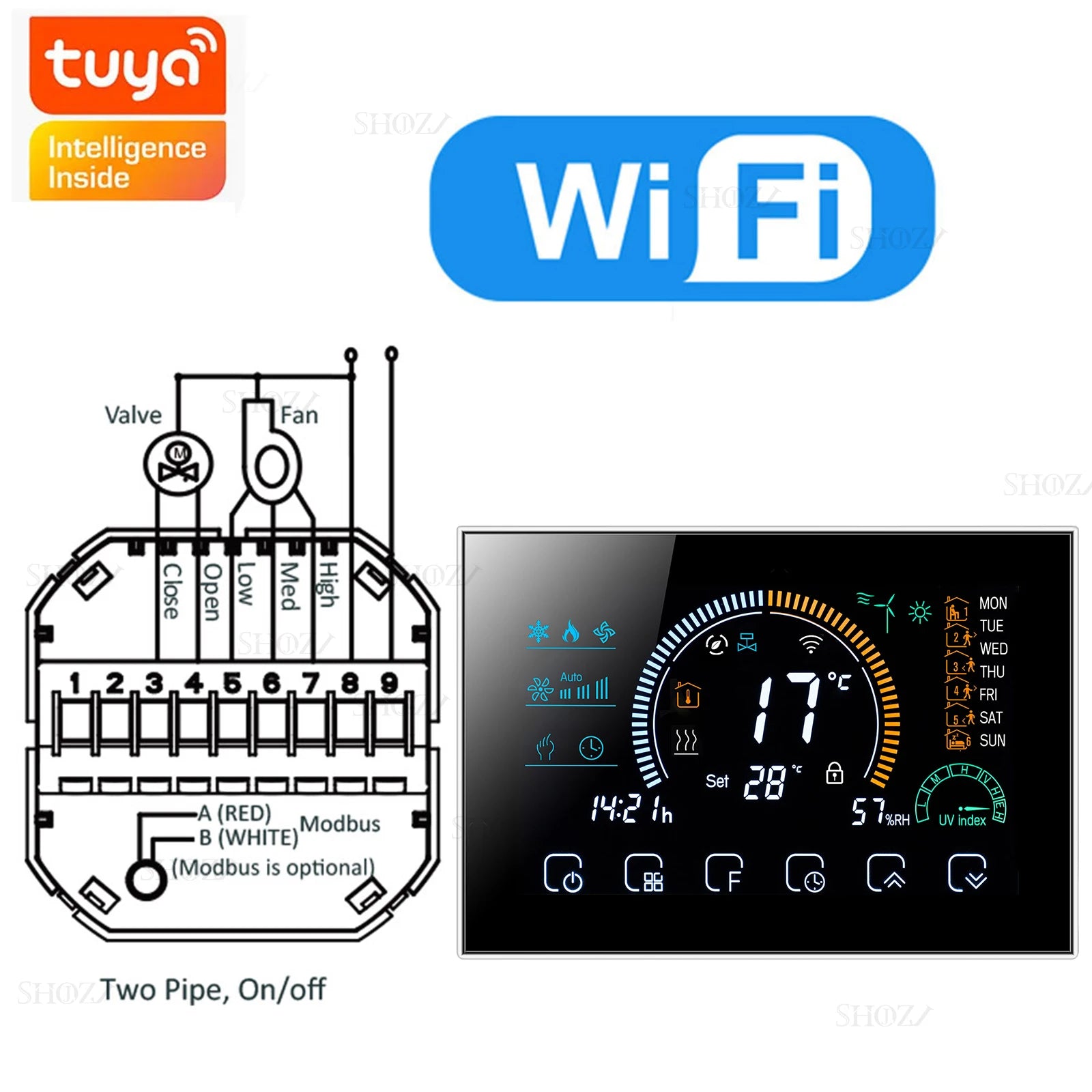 Wifi/RS485/Zigbee Thermostat Air Conditioning 3 Fan Coil Unit Home Cooling/Heating 2/4 Pipe Temperature Controller with Alexa