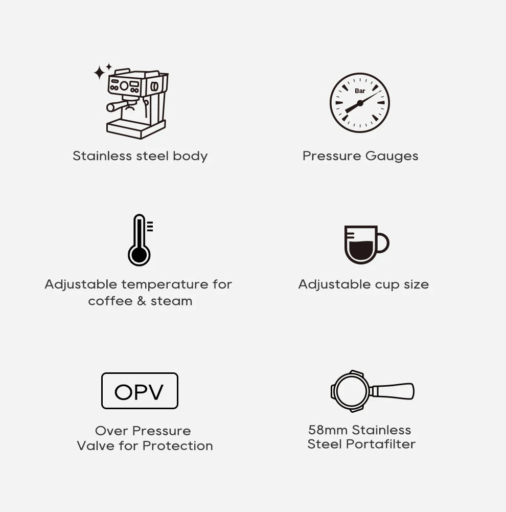 Features of stainless steel espresso machine with 58mm portafilter, pressure gauge, and adjustable temp settings.