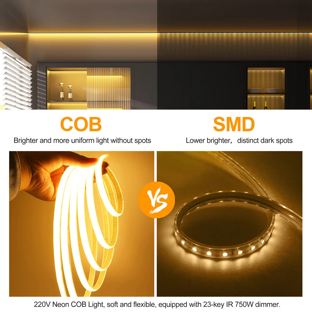 Wall Touch COB LED Neon Strip Light Wifi Bluetooth 23key Remote Control 220V Dimmer Power Kit 5m 10m 20m 40m 0.5m 240LED/m Flex