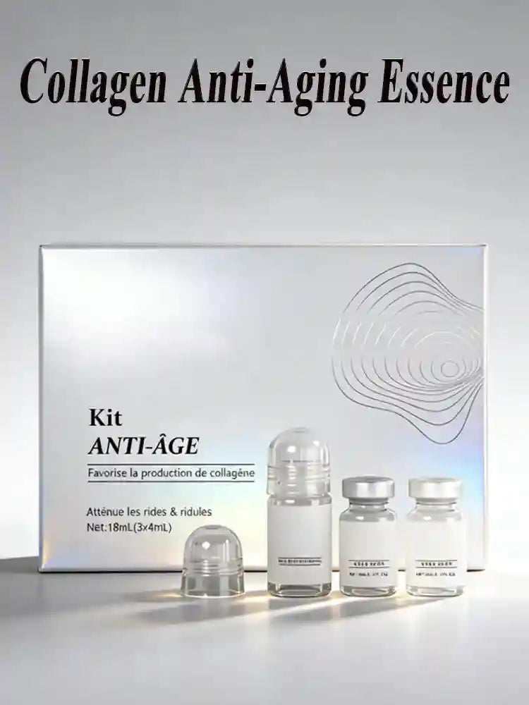 Deep Action Collagen Essence Anti-Aging Care Set featuring three small vials and a silver holographic gift box.