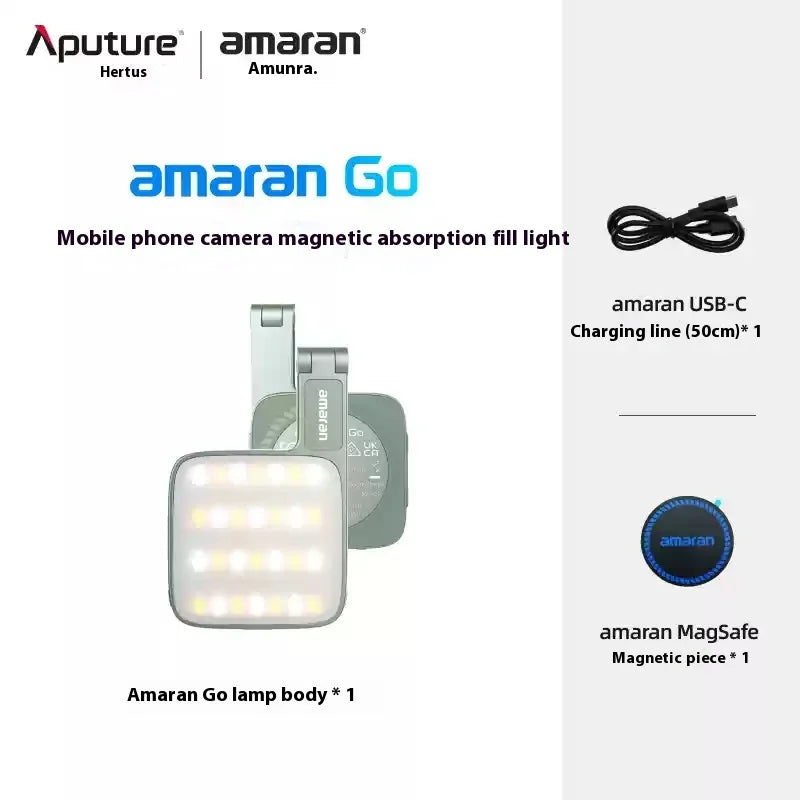 Amaran Go square magnetic fill light for mobile phones, includes a USB-C charging cable and a round magnetic patch.