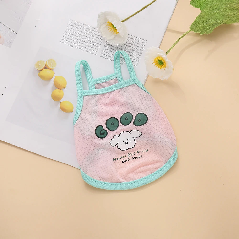 Breathable pink ice silk pet suspender vest for dogs and cats to keep cool during summer.