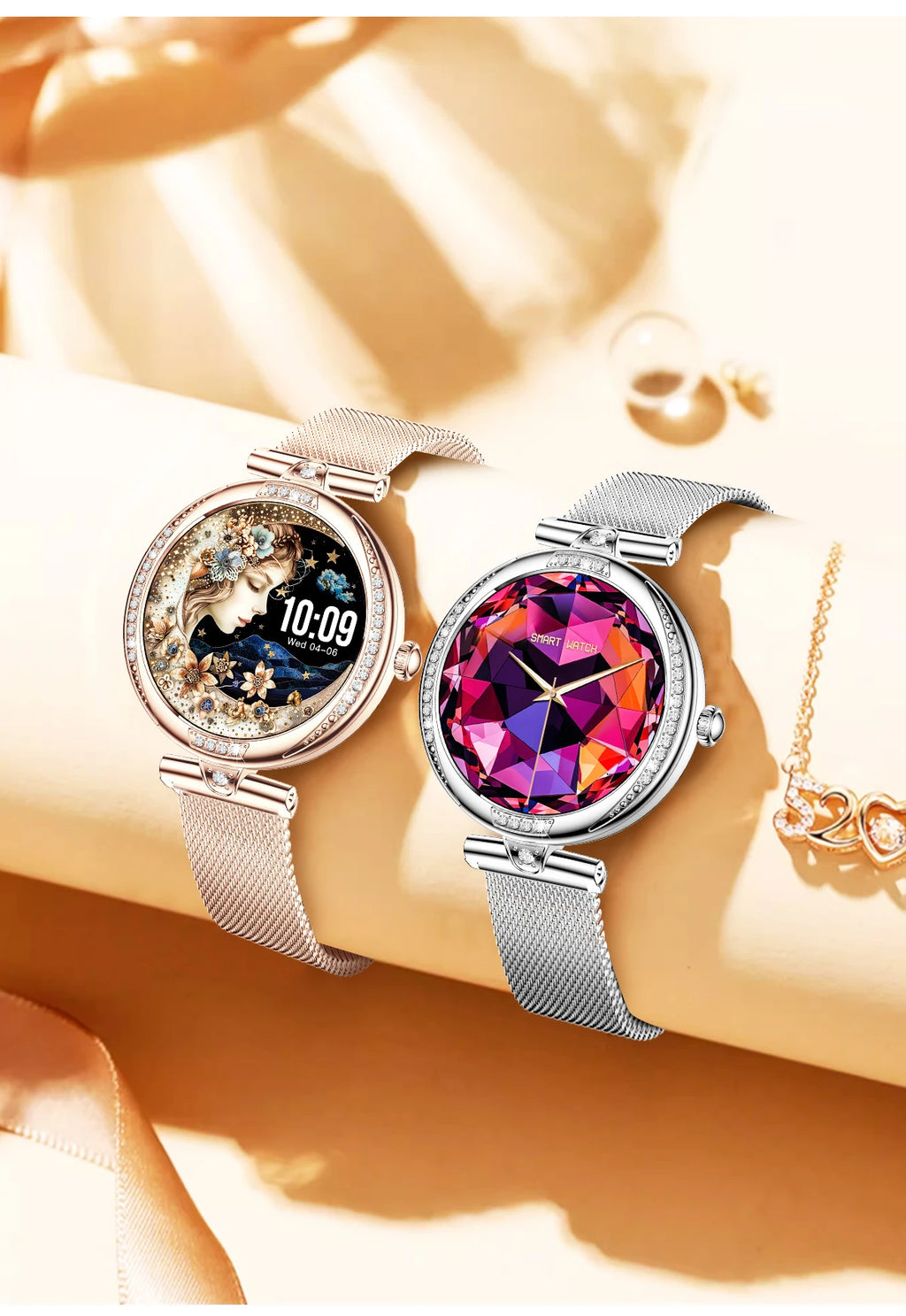LIGE New Women Watch 1.19" 390*390 AMOLED Display Heart Rate Blood Oxygen Monitoring Bluetooth Call Fashion Diamond Smartwatch