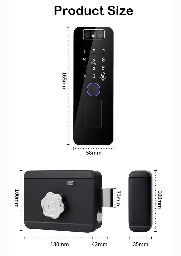 Outdoor Gate Waterproof Smart Tuya Wifi Lock 3D Face Recognition Digital Code Keyless App Remote Biometric Fingerprint Rim Lock