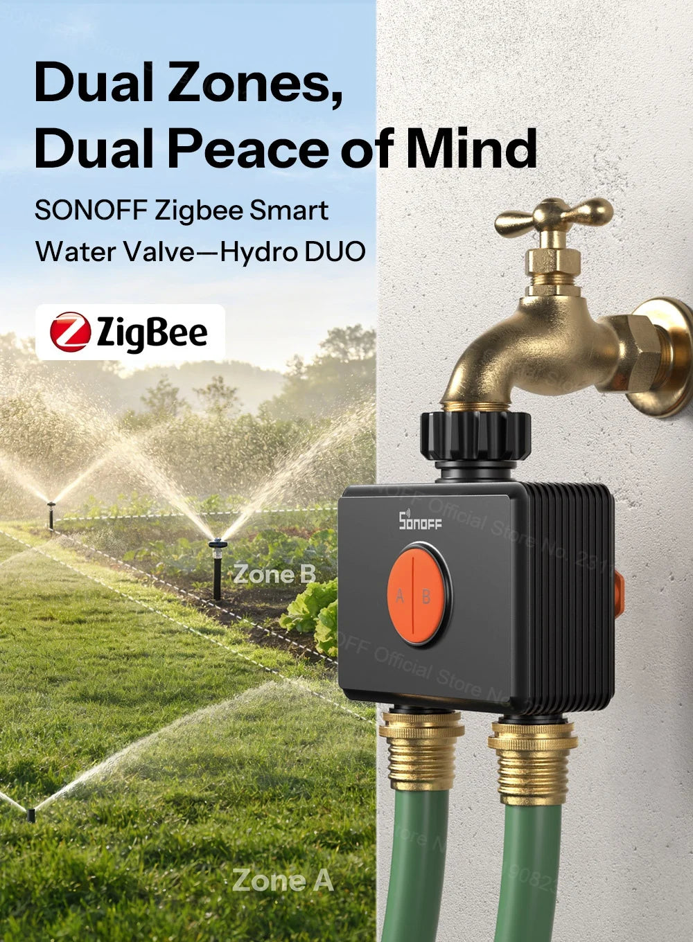 SONOFF Garden Watering Timers 2 Outlet Sprinkler Hydro DUO Dual-Channel Zigbee Smart Water Valve With Flow Meter SWV-ZF2E