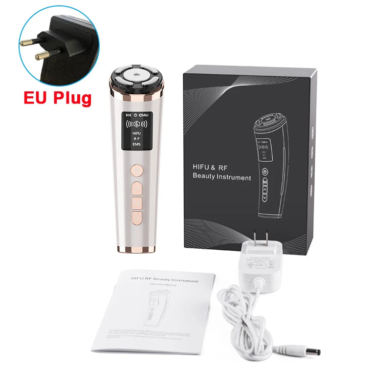 Mini HIFU, RF, and EMS facial lifting machine with EU plug, charging cable, and manual for home anti-aging skincare.