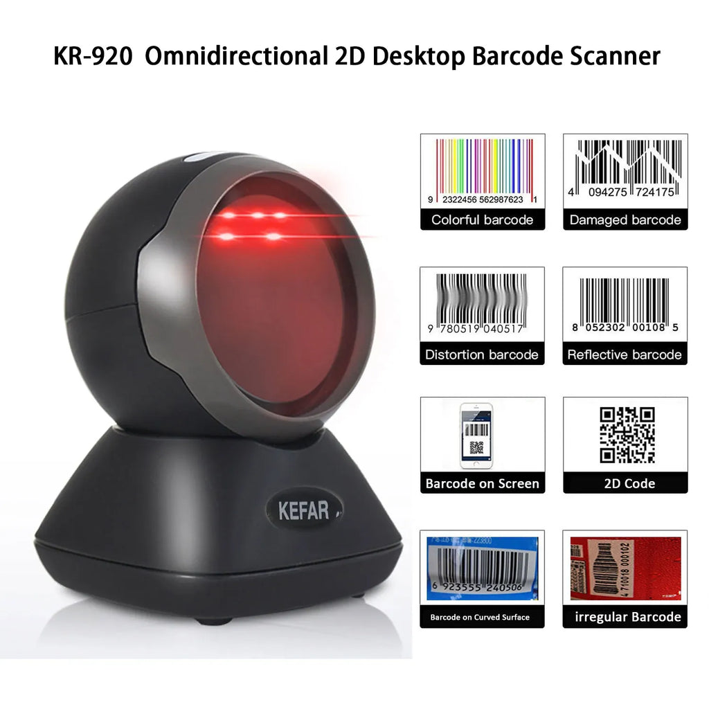 Black omnidirectional 2D desktop barcode scanner with red scan beam