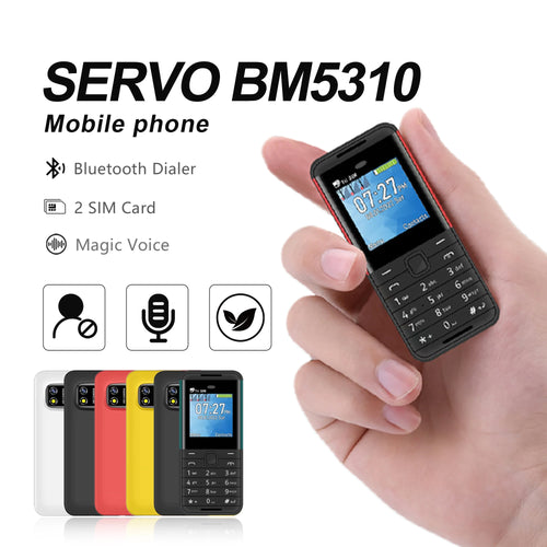 SERVO BM5310 mini phone in hand. Features Bluetooth dialer, multi-color options, 1.3" screen, and dual SIM support.