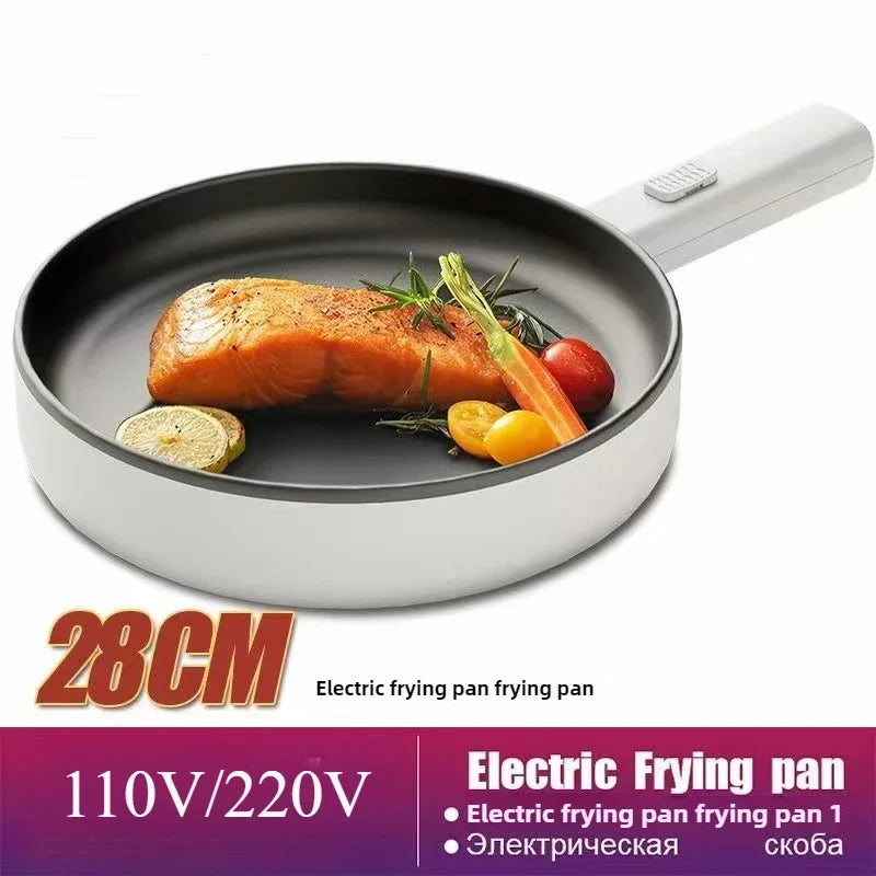 Electric frying pan with white handle, black nonstick interior, 28 cm size