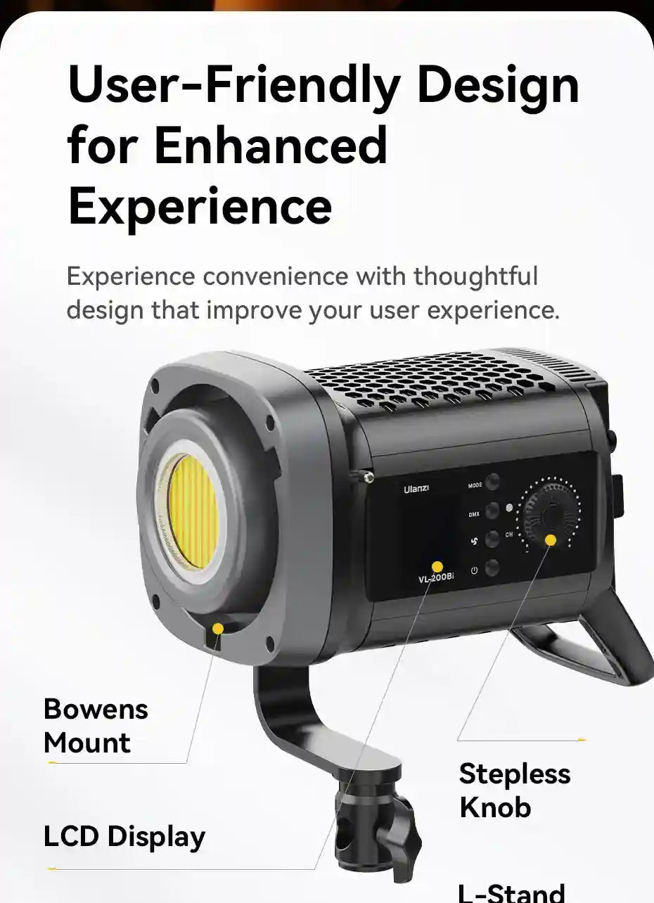VL-200Bi LED studio video light with Bowens mount, LCD screen, adjustment knob, and L-stand for lighting setups.