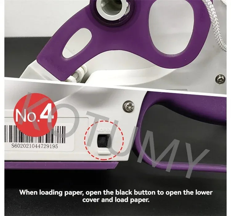 Handheld barcode labeling machine, purple-and-white body with label feed and black cover area