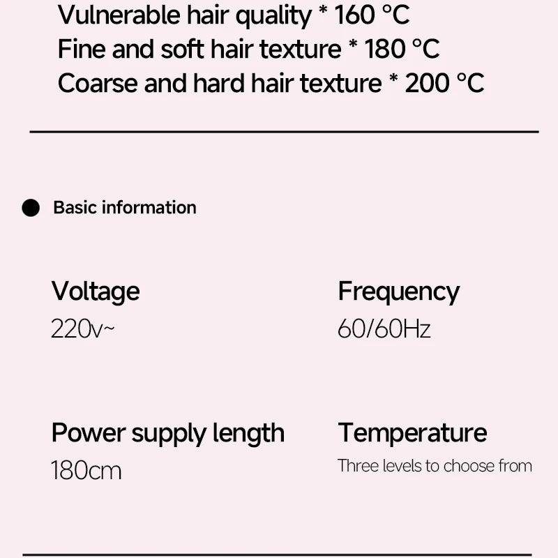 Automatic curling iron specs: 3 adjustable heat levels from 160°C to 200°C for all hair types and styling safety.