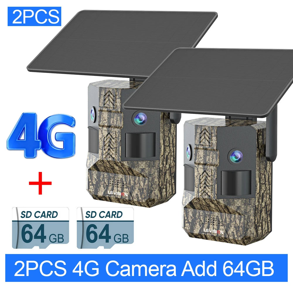 2-pack 4G LTE trail cameras with camo housing and solar panels, includes 64GB SD cards
