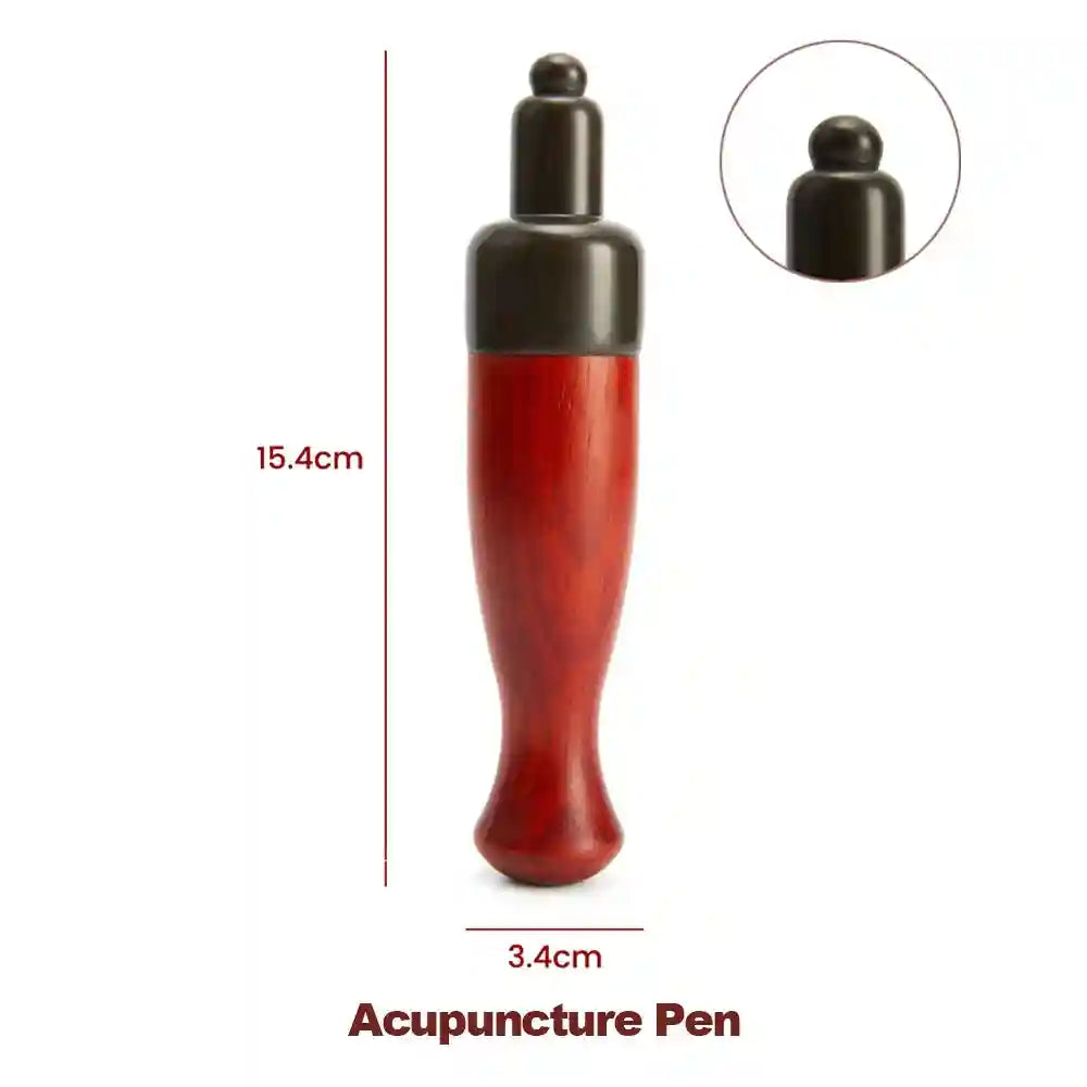 15.4cm wooden acupuncture pen with a red, contoured handle and a rounded, dark brown massaging tip for reflexology.